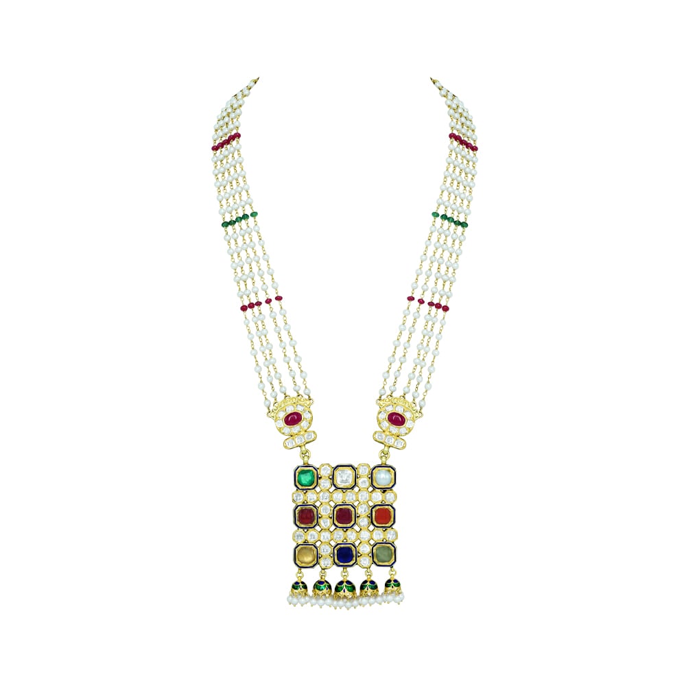 Pearl Necklace with Navratan Pendant and Ruby-Emerald Beads